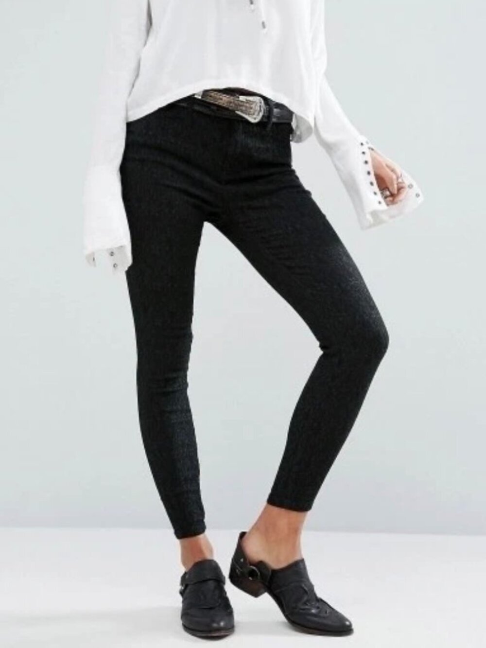 Free People Black Jacquard Stretch Denim High Waist Skinny Jeans 31 Indie Goth L